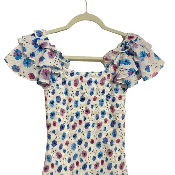 LoveShackFancy Kodie Dress Smocked Flutter Sleeve Blue Printed  L - Picture 7 of 12